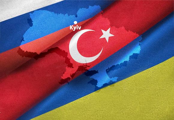 Flags of Turkiye and Russia and in the Ukraine map in the background