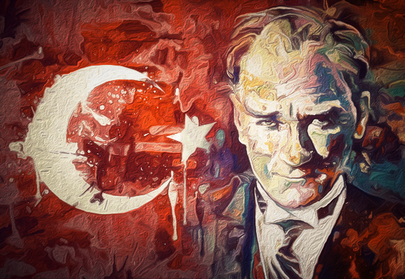 لوحة لمصطفى كمال أتاتورك مع العلم التركي